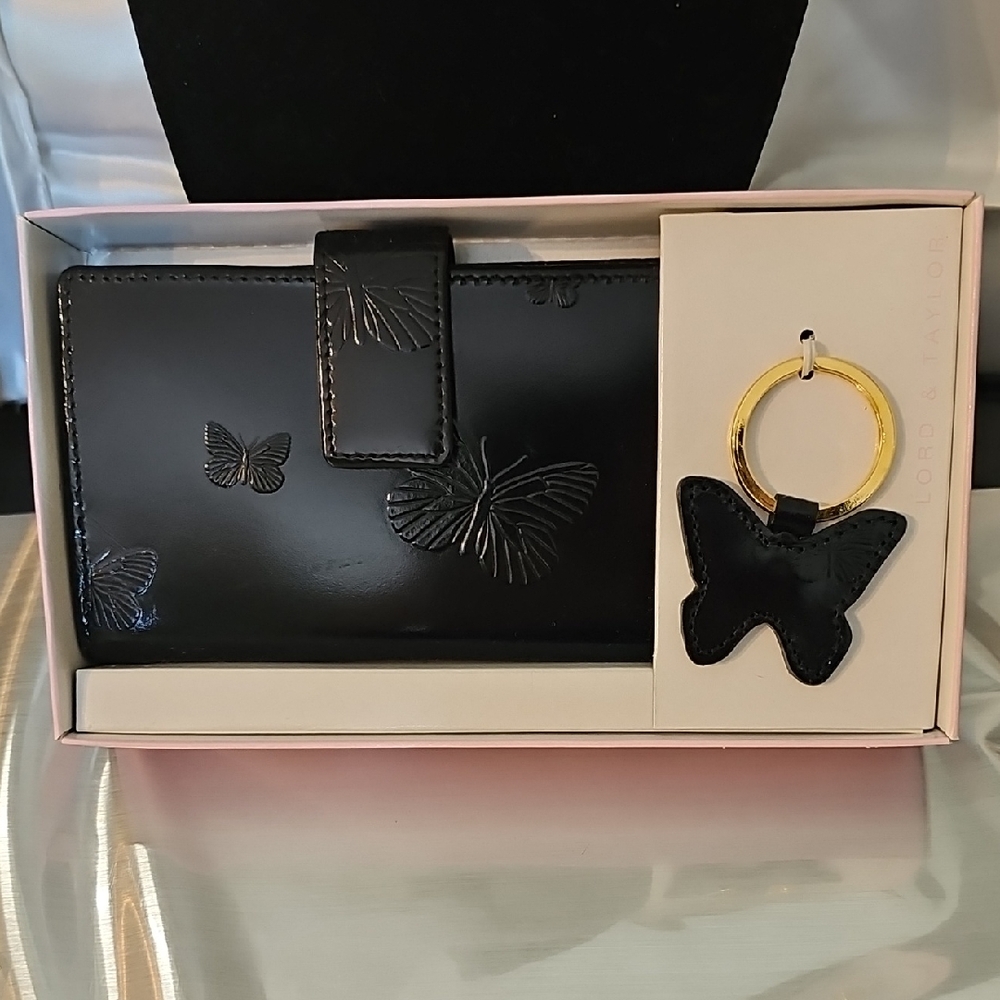 New In Box  Lord And Taylor Black Butterfly Wallet and Keychain Set